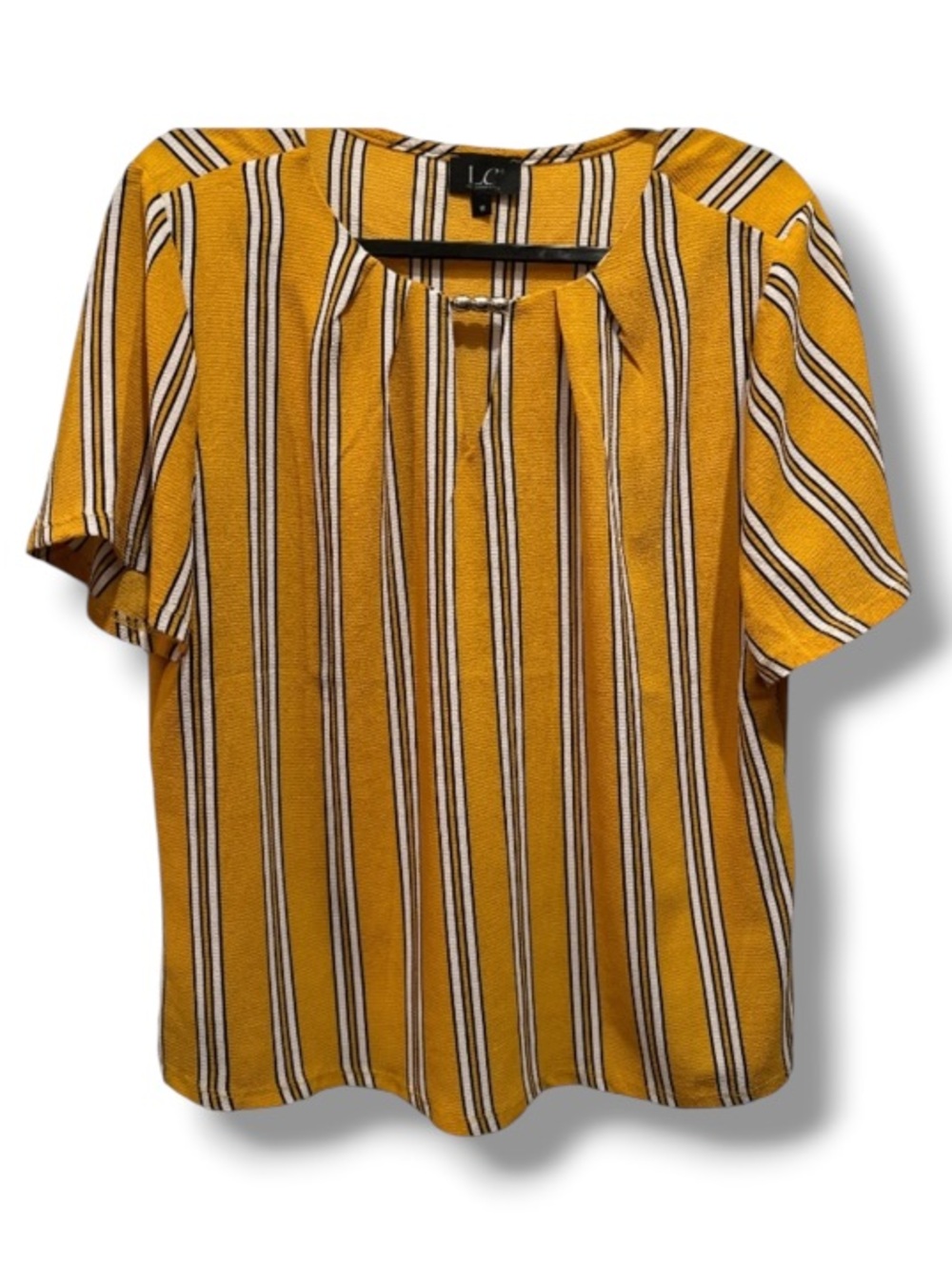 LC by Laura Cruz Women’s Yellow Short Sleeve Striped Blouse White Black Stripes